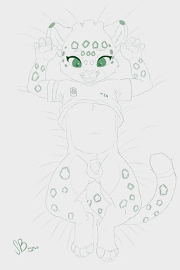 4_toes anthro ball clothed clothing fangs feet foreskin genitals high-angle_view jersey looking_down lying male markings mexico on_back partially_clothed pawpads paws penis shirt smile solo spots spotted_body spread_legs spreading tail teeth toes topwear young young_anthro young_male smol_boye smol_boss_(penlink) zayu_(fifa) felid jaguar mammal pantherine absurd_res hi_res sketch