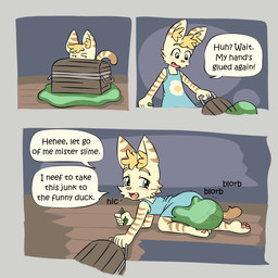 all_fours anthro barefoot blonde_eyebrows blonde_hair blue_clothing blue_dress blue_eyes blush blush_lines brown_body brown_fur brown_stripes brown_tail_tip chest_(container) clothing cute_fangs dialogue dipstick_tail dress drugged drunk duo eyebrows fangs feet female fur gem green_gem hair hiccuping holding_gem holding_object inner_ear_fluff looking_at_another looking_back looking_back_at_another markings open_mouth open_smile pawpads pink_nose pink_pawpads smile sound_effects speech_bubble striped_body striped_fur stripes substance_intoxication tail tail_markings talking_to_another tan_body tan_fur tan_tail teeth text tuft young young_anthro young_female bisonvega cat_girl_(bisonvega) domestic_cat felid feline felis goo_creature mammal slime_(blob) 1:1 2025 comic english_text hi_res