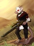 2019 anthro balls bottomwear clothing dazren_deadsnout_(dami_bhw) fur genitals grass gun hi_res horn male mammal penis plant ranged_weapon red_eyes rifle rodent skaven solo topwear warhammer_(franchise) warhammer_fantasy weapon white_body white_fur wrappings zeptophidia