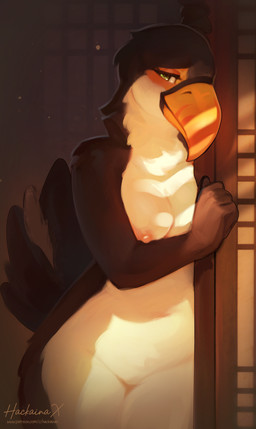 anthro areola beak biped breasts feathers featureless_crotch female fingers green_eyes inside light light_beam looking_at_viewer medium_breasts nipples non-mammal_breasts non-mammal_nipples nude nude_anthro nude_female pose smile solo standing sunbeam sunlight tail thick_thighs wide_hips hackainax avian bird toucan 2026 absurd_res digital_drawing_(artwork) digital_media_(artwork) hi_res pinup