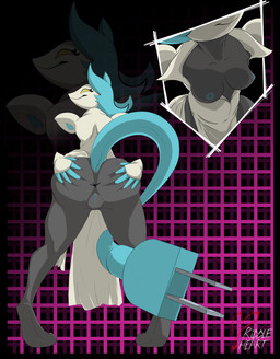 anthro anus breasts butt cable_tail electrical_cord electrical_plug electrical_plug_tail female floating_hands genitals high-angle_view machine plug presenting presenting_hindquarters rear_view simple_background solo spread_butt spreading tail vulva riddleheart deltarune undertale_(series) tasque_manager darkner domestic_cat felid feline felis mammal robot absurd_res hi_res