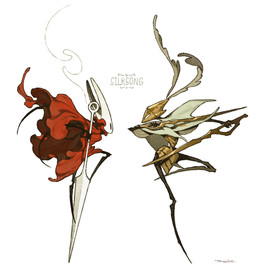 ambiguous_gender anthro black_body black_eyes cloak clothing dual_wielding duo empty_eyes fight fighting_pose hat_feather headgear headwear holding_object holding_weapon hornet's_needle loose_feather machine melee_weapon midair pose red_cloak red_clothing side_view simple_background sword text weapon white_background white_body white_eyes yellow_body carrottrembling hollow_knight:_silksong hollow_knight_(franchise) team_cherry hornet_(hollow_knight) second_sentinel arthropod insect robot 2025 digital_drawing_(artwork) digital_media_(artwork) english_text hi_res signature female_(lore)