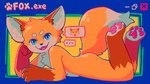 anthro blue_eyes butt chest_tuft eyebrows fur fur_tuft looking_at_viewer lying multicolored_body multicolored_fur nude on_front open_mouth orange_body orange_butt orange_fur orange_tail pawpads pink_pawpads speech_bubble tail tuft color_fox canid canine fox mammal 16:9 2025 4k absurd_res hi_res pictographics widescreen