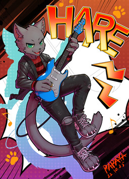 abstract_background anthro black_bottomwear black_clothing black_jacket black_pants black_topwear bottomwear cheek_tuft clothed clothing electric_guitar facial_tuft fangs front_view fully_clothed fur glistening glistening_eyes green_eyes green_sclera grey_body grey_fur guitar head_tuft holding_guitar holding_musical_instrument holding_object jacket looking_at_viewer male musical_instrument narrowed_eyes open_mouth open_smile pants pattern_clothing pattern_topwear playing_guitar playing_music plucked_string_instrument pupils red_clothing red_tongue red_topwear slit_pupils smile solo string_instrument striped_clothing striped_topwear stripes teeth tongue topwear tuft papayafurry hare_(rak17171771) domestic_cat felid feline felis mammal 2022 dated full-length_portrait hi_res portrait signature