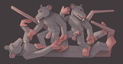 abstract_art absurd anthro caricature cubism feet flaccid genitals grey_body grotesque group half-erect humiliation long_body long_teeth low_poly male male/male penis pink_feet pink_palms pink_penis pink_tail polygonal_body simple_background stepped_on stepping_on_another stepping_on_chest tail trio ravuer mammal murid murine rat rodent absurd_res hi_res