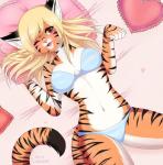 5_fingers anthro bed blonde_hair blush bra breasts brown_eyes cleavage clothed clothing dipstick_tail eyebrows eyelashes fangs female fingers fur furniture hair heart_symbol inner_ear_fluff inside looking_at_viewer markings multicolored_tail navel on_bed one_eye_closed open_mouth panties smile solo stripes tail tail_markings teeth tuft underwear loodicrous felid mammal pantherine tiger riley_(disambiguation) 2016