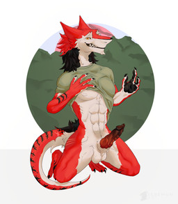 4_fingers 4_toes abs animal_genitalia anthro balls black_body black_claws black_fur black_palms claws clothed clothing clothing_lift digitigrade erection feet fingers fur genitals gradient_penis hair kneeling knot knotted_penis looking_at_viewer male markings muscular muscular_anthro muscular_male nipples partially_clothed pecs penis presenting presenting_penis red_body red_fur ridged_knotted_penis ridged_penis scar sheath shirt shirt_lift simple_background smile solo tail teeth toes topwear vein veiny_penis white_body white_fur yellow_eyes conditional_dnp teremunart dagger_(defnotdagger) sergal absurd_res hi_res