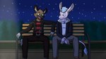 anthro bench biker_jacket clothing duo hoodie male outside sitting sky star starry_sky topwear jde10 aggretsuko sanrio haida_(aggretsuko) tadano_(aggretsuko) asinus donkey equid equine hyena mammal spotted_hyena 16:9 widescreen