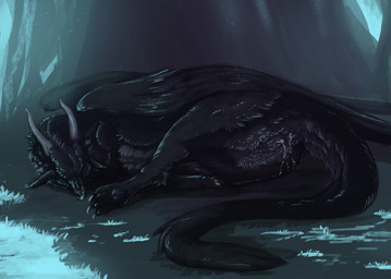 after_sex anus black_body black_fur black_pawpads bodily_fluids claws cum cum_in_ass cum_in_vagina cum_inside cum_on_fur detailed_background eyes_closed feathered_wings feathers female feral forest fur genital_fluids genitals grey_horn horn lying pawpads plant solo tail tree vulva wings flamespitter mythology whiro dragon furred_dragon furred_scalie mythological_creature mythological_scalie scalie