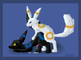 all_fours animal_genitalia animal_penis ass_up black_body black_fur blue_border blue_eyes bodily_fluids border canine_genitalia canine_penis cum digitigrade doggystyle duo erection feral feral_on_feral from_behind_position fur genital_fluids genitals male male/male mounting paws penis sex simple_background white_body white_fur yellow_eyes trigaroo nintendo pokemon fan_character trig eeveelution generation_2_pokemon pokemon_(species) umbreon digital_media_(artwork) shaded
