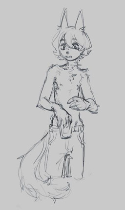 adolescent anthro clothed clothing holding_object looking_aside male male_anthro medium_hair nipples simple_background solo standing tail topless young young_anthro young_male shinni canid canine mammal 2025
