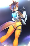 anthro brown_eyes butt butt_pose clothing cosplay countershading eyewear female goggles gun pose ranged_weapon skinsuit smile solo tight_clothing union_jack weapon tsampikos blizzard_entertainment overwatch mikhaila_kirov tracer_(overwatch) mammal mustelid otter digital_media_(artwork) hi_res shaded