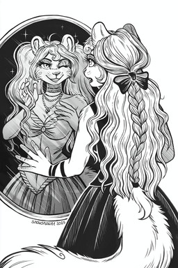 5_fingers accessory anthro bow_ribbon braided_hair breasts cleavage clothed clothing dress ears_up female fingers fluffy fluffy_tail hair hair_accessory hair_bow hair_ribbon holidays jewelry long_hair long_tail looking_at_viewer mirror mirror_reflection necklace one_eye_closed reflection ribbons smile solo tail wink winking_at_viewer snowsnow11 halloween aurora_(snowrora) felid leopard mammal pantherine snow_leopard hi_res monochrome