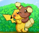 ambiguous_gender blush brown_body brown_eyes brown_fur daww duo eye_shimmer fur head_tuft holding_paws hug multicolored_body multicolored_fur plant raised_leg shrub smile tan_body tan_fur tuft two_tone_body two_tone_fur yellow_body yellow_fur nerdoodlen nintendo pokemon buneary generation_1_pokemon generation_4_pokemon pikachu pokemon_(species) 2020 digital_media_(artwork) signature