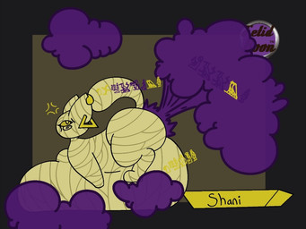 big_butt butt fart fart_cloud female feral huge_butt imminent_feces litter_box litter_box_usage overweight overweight_feral purple_fart_cloud solo bon_(artist) shani_(bon) domestic_cat felid feline felis mammal mummy undead 4:3 hieroglyphic_text