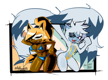 anthro bikini blonde_hair blue_bikini blue_clothing blue_swimwear breasts brown_body camel_toe clothing duo eyelashes eyes_closed facial_markings fangs female grey_body grey_hair hair hand_on_hip head_markings markings mask_(marking) one-piece_swimsuit one_eye_closed open_mouth open_smile ponytail purple_eyes sling_bikini smile swimwear teeth two-piece_swimsuit wink anttard115 esao303 idw_publishing sega sonic_the_hedgehog_(comics) sonic_the_hedgehog_(idw) sonic_the_hedgehog_(series) tangle_the_lemur whisper_the_wolf canid canine canis lemur mammal primate ring-tailed_lemur strepsirrhine wolf 2026 absurd_res hi_res