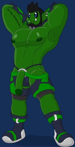 accessory balls boots bottomwear casual_nudity chaps clothed clothing cock_ring ear_piercing ear_ring flaccid footwear genitals hands_behind_head happy jewelry male nipples penis penis_accessory penis_jewelry piercing ring_piercing shoes shorts smile solo thong topless tusks underwear conditional_dnp notkastar humanoid orc alpha_channel