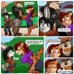 aaron_(artist) andy_porter anthro barefoot black_clothing black_eyebrows black_hair black_text blep blush bottomwear breasts brown_body brown_fur brown_tail bulge butt canid canine canis clothed clothing comic day dialogue digital_media_(artwork) dipstick_ears english_text eyebrows feet felid footwear fully_clothed fur grey_body grey_bottomwear grey_clothing grey_fur grey_tail hair hi_res jaguar lagomorph leporid looking_at_breasts male mammal marcelo_(aaron) multicolored_ears outside pantherine pants purple_clothing purple_shirt purple_topwear rabbit red_clothing red_footwear shadow shirt side_view size_difference standing stephanie_(aaron) tail teeth text tongue tongue_out topwear url wolf