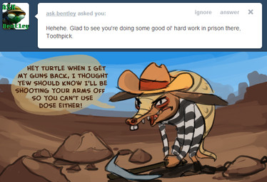 annoyed anthro bound brown_body brown_skin buckteeth chain clothing cowboy_hat cuffed_ankles dialogue dirt hat headgear headwear holding_pickaxe long_ears male narrowed_eyes open_mouth pickaxe prison_uniform prisoner rock scales sharp_teeth sky solo speech_bubble tail tan_body tan_scales teeth text tumblr_ask stormful sly_cooper_(series) sony_corporation sony_interactive_entertainment sucker_punch_productions toothpick_(sly_cooper) armadillo mammal xenarthran 2013 english_text