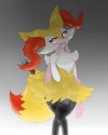 anthro blush clothing condom female fur genitals hair legwear looking_at_viewer navel pussy red_eyes sexual_barrier_device solo standing stockings translucent translucent_hair fullfolka nintendo pokemon teeruuna braixen canid generation_6_pokemon mammal pokemon_(species) hi_res