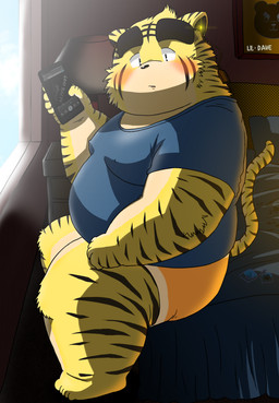 anthro bed belly blush cellphone clothing electronics furniture inside kemono male overweight overweight_anthro overweight_male phone shirt sitting smartphone solo topwear underwear debudave_12 felid mammal pantherine tiger 2015 absurd_res hi_res