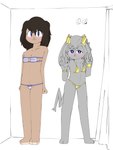 aged_down anthro antlers bikini brown_body brown_fur clothing duo female fur gesture grey_body grey_fur hand_gesture horn purple_eyes swimwear two-piece_swimsuit v_sign young anonymous_artist pseudoregalia sybil_(pseudoregalia) bovid caprine domestic_cat felid feline felis goat lagomorph leporid mammal rabbit absurd_res hi_res