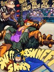 anthro ball_sniffing balls duo fighting_ring genitals male professional_wrestling sniffing stadium gimmemysmokes alligator alligatorid crocodilian reptile scalie hi_res