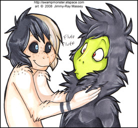 anthro black_hair black_sclera blue_eyes duo female fluffy freckled_face freckles glamfur hair male red_eyes short_hair simple_background smile surprised text white_background white_hair zeriara haplorhine mammal monkey primate 2008 traditional_media_(artwork) url