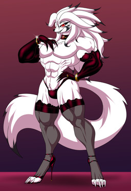 anthro black_lipstick bracelet bulge choker claws clothed clothing crossdressing digitigrade digitigrade_heels facial_markings fangs_bared femboy footwear fur gem gloves glowing glowing_eyes gradient_background hand_on_chest hand_on_hip handwear head_markings high_heels jewelry legwear lipstick makeup male markings muscular muscular_arms muscular_femboy muscular_legs muscular_male necklace pupils red_eyes ring seductive sharp_teeth shoes simple_background slit_pupils small_waist smile solo stockings tail teeth thong underwear white_body white_fur crovirus asian_mythology east_asian_mythology japanese_mythology mythology shiro_kamaitachi kamaitachi mammal mustelid yokai absurd_res hi_res