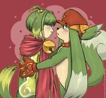 ambiguous_gender bell belly clothing collar duo fur green_body green_fur green_hair hair hat headgear headwear heart_symbol hearts_around_body hearts_around_head long_ears male pigtails red_clothing red_hat red_headwear red_scarf scarf simple_background tan_belly starrberry bandai_namco summon_night arno_(summon_night) kutty_(summon_night) human humanoid mammal