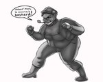 anthro big_breasts biped breasts clothed clothing curled_tail dialogue dialogue_box eyebrows eyelashes fangs fighting_pose fingers flat_cap gynomorph hair hat headgear headwear hooved_fingers hooves imminent_fight intersex lips overalls overweight overweight_anthro overweight_gynomorph overweight_intersex pipe pose profanity scottish scottish_accent simple_background smile smoking_pipe solo speech_bubble sweater tail teeth text thick_lips thick_thighs topwear granny_fricker darcy_macdonnel domestic_pig hybrid mammal suid suine sus_(pig) wild_boar 2022 5:4 absurd_res digital_drawing_(artwork) digital_media_(artwork) english_text greyscale hi_res monochrome shaded sketch gynomorph_(lore)