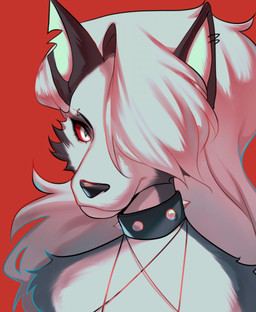 anthro black_eyebrows black_nose collar ear_piercing eyebrow_piercing eyebrows facial_piercing female fur grey_body grey_fur hair looking_at_viewer multicolored_body multicolored_fur notched_ear piercing red_background simple_background solo white_eyes white_hair iam3d hellaverse helluva_boss mythology loona_(helluva_boss) canid canid_demon canine demon hellhound mammal mythological_canine mythological_creature hi_res portrait