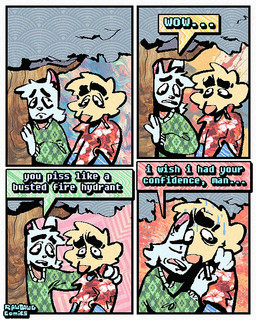 4_panel_comic aloha_shirt anthro cheek_tuft cigarette cigarette_in_mouth clothing dialogue duo facial_tuft fur half-closed_eyes hug humor male narrowed_eyes nervous object_in_mouth pattern_clothing pattern_shirt pattern_topwear shirt smoking_tobacco speech_bubble sweater text topwear tuft white_body white_fur wide_eyed yellow_body yellow_fur rawdawgcomics desmond_(rawdawgcomics) stahli_(rawdawgcomics) bird_dog canid canine canis domestic_cat domestic_dog felid feline felis golden_retriever hunting_dog mammal retriever 4:5 comic english_text hi_res