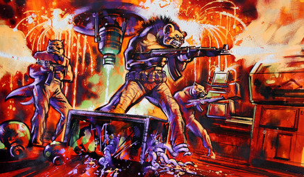ak-47 ak_platform anthro assault_rifle bow_tie clenched_teeth clothed clothing destruction explosives fire fur grenade group gun gunfire laboratory laser machine_gun male ranged_weapon rifle teeth topless trio weapon graham_humphreys island_of_dr_moreau canid canine domestic_pig hybrid hyena mammal suid suine sus_(pig)