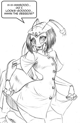 antennae_(anatomy) anthro clothed clothing dialogue female hair mandibles multi_eye solo speech_bubble text uniform chochi out-of-placers yannit arthropod indrel 2023 black_and_white english_text hi_res monochrome traditional_media_(artwork)