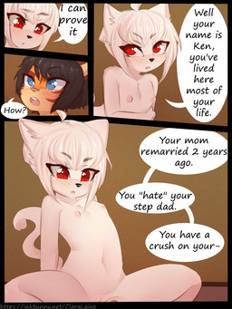 anthro blush breasts brown_body brown_fur dialogue duo female flat_chested fur genitals hair looking_at_viewer male nipples nude open_mouth red_eyes spread_legs spreading text vulva white_body white_fur young young_anthro young_female young_male aoizuri ghost_(claralaine) ken_(claralaine) domestic_cat felid feline felis ghost mammal spirit 2018 3:4 comic digital_media_(artwork) english_text hi_res