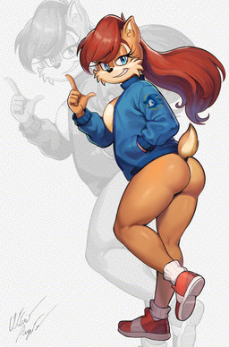 anthro blue_eyes bottomless breasts brown_body brown_fur brown_hair butt clothed clothing female footwear fur hair jacket long_hair scut_tail shoes short_tail solo tail topwear azul35art archie_comics sega sonic_the_hedgehog_(archie) sonic_the_hedgehog_(comics) sonic_the_hedgehog_(series) sally_acorn chipmunk ground_squirrel hybrid mammal rodent sciurid tree_squirrel hi_res