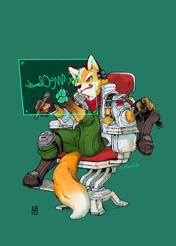 4_toes anthro autograph black_claws black_clothing black_gloves black_handwear bottomwear character_signature claws clothed clothing concentrating digitigrade dipstick_tail feet fur gloves green_background green_bottomwear green_clothing green_pants green_shirt green_topwear hair handwear jacket kerchief knee_pads male markings medal open_clothing open_jacket open_topwear orange_body orange_fur pants pawpads red_kerchief shirt simple_background sitting solo stylus tail tail_markings teal_pawpads toe_claws toes tongue tongue_out topwear white_body white_clothing white_fur white_hair white_inner_ear white_jacket white_topwear rokuroku72 nintendo star_fox fox_mccloud canid canine fox mammal 2026 hi_res