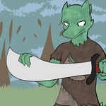 1:1 2014 anthro clothed clothing digital_media_(artwork) dirty fen_(lagotrope) grass green_body green_skin horn kobold lagotrope lizard male melee_weapon outline outside plant pupils reptile scalie shirt slit_pupils solo standing story story_at_source story_in_description sword tgchan topwear tree weapon