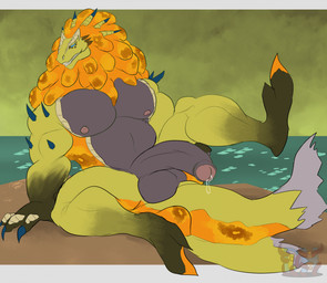 anthro areola balls balls_on_tail barazoku belly biceps big_balls big_belly big_muscles big_pecs big_penis blue_claws blue_eyes bodily_fluids calf_muscles claws detailed_background dripping foreskin genital_fluids genitals half-erect huge_balls humanoid_genitalia humanoid_penis leaning_on_hand male mouth_closed muscular muscular_male nipples no_sclera nude nude_anthro nude_male on_ground partially_retracted_foreskin pecs penis precum precum_drip pupils raised_leg reclining sitting slit_pupils solo spikes spikes_(anatomy) tail teeth thick_arms thick_calves thick_thighs triceps water daikuhiroshiama capcom monster_hunter leviathan_(mh) ludroth royal_ludroth 2025 hi_res
