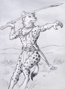5_fingers anthro atlatl barefoot belt biped bottomwear bracelet claws clenched_teeth clothed clothing dagger detailed_background digitigrade dipstick_tail ear_piercing extended_arm feet fingers fur grass hill holding_object holding_weapon jewelry loincloth male markings melee_weapon necklace outside piercing plant polearm scabbard sky solo spear spots spotted_body spotted_fur tail tail_markings teeth topless weapon 0laffson hyena mammal spotted_hyena 2016 signature traditional_media_(artwork)