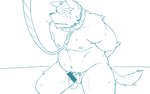 anthro balls belly bodily_fluids collar genital_fluids genitals kemono leash male moobs nipples penis precum pubes slightly_chubby solo oogamikennta canid canine canis domestic_dog mammal 16:10 2023 blue_and_white censored monochrome widescreen