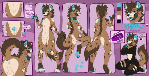 ambiguous_gender anthro anus balls butt chastity_cage chastity_device clothing collar female femboy genitals heart_(marking) in_sheath_chastity_cage legwear looking_at_viewer looking_back male markings pawpads paws penis presenting presenting_hindquarters sheath_chastity_cage smile smiling_at_viewer smirk smirking_at_viewer solo tail thigh_highs vulva rwbandit teegandoggo african_wild_dog canid canine mammal absurd_res hi_res model_sheet nonbinary_(lore)
