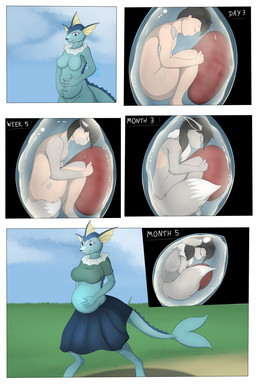 ambiguous_gender anthro biped black_hair blue_body blue_eyes bottomwear breasts clothed clothing crop_top curled_up dipstick_tail duo eyes_closed featureless_breasts female fetal_pose fur gender_transformation hair human_to_anthro implied_unbirth internal male markings non-mammal_breasts nude outside pregnancy_progression pregnant pregnant_anthro pregnant_female shirt shrinking size_transformation skirt sky smile species_transformation standing tail tail_markings text topwear transformation transformation_sequence transformation_through_vore uterus uterus_view vore white_body white_fur tomek1000 nintendo pokemon john_(swack16) tomek1000_(character) eevee eeveelution generation_1_pokemon pokemon_(species) vaporeon 2017 colored comic english_text hi_res