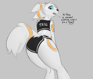 anthro athletic_wear black_bottomwear black_clothing black_shorts blue_eyes bodily_fluids bottomwear clothed clothing confusion crossdressing dialogue dolphin_shorts femboy fur gym_bottomwear gym_shorts hotpants male shorts solo sportswear sweat sweatdrop text white_body white_fur trigaroo nintendo pokemon trig eeveelution generation_2_pokemon pokemon_(species) umbreon 2023 english_text male_(lore)