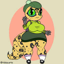 4_fingers anthro backpack big_breasts biped bottomwear breasts clothed clothed_anthro clothed_female clothing female female_anthro fingers footwear freckled_face freckles gloves green_eyes handwear non-mammal_breasts shoes shortstack shortstack_female skirt socks solo spots sweater tail text thick_thighs topwear wide_hips yellow_body tibbs yulie_(tibbs) gecko lizard reptile scalie 1:1 2020 artist_name digital_drawing_(artwork) digital_media_(artwork) hi_res