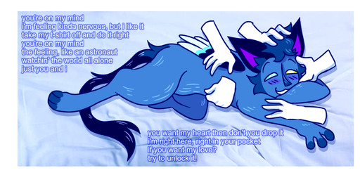 ambiguous_gender anthro back_wings blush blush_lines border disembodied_hand headpat heterochromia long_tail lying lyrics on_front petting petting_body short_fur solo tail white_border wings wiingdings wingdings_(wd) alien felid feline mammal moekka