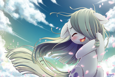 blush cloud cutie_mark eyes_closed female feral grey_hair hair hair_over_eye multicolored_hair multicolored_tail one_eye_obstructed open_mouth open_smile sky smile solo tail two_tone_hair wind symbianl friendship_is_magic hasbro my_little_pony marble_pie_(mlp) earth_pony equid equine horse mammal pony 2020 3:2 digital_media_(artwork) hi_res