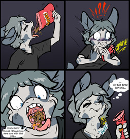 ambiguous_gender ambiguous_pred ambiguous_prey anthro anthro_pred black_clothing black_shirt black_t-shirt black_topwear buckteeth chip_bag clothed clothed_anthro clothing dialogue duo extreme_size_difference eyebrow_through_hair eyebrows feral feral_prey food fur grey_body grey_fur grey_hair hair macro micro neck_bulge onomatopoeia oral_vore shirt size_difference soft_vore sound_effects speech_bubble swallowing t-shirt teeth text thought_bubble topwear translucent translucent_hair unwilling_prey vore muhny fletcher_(muhny) lagomorph leporid mammal mouse murid murine rabbit rodent 2020 comic digital_drawing_(artwork) digital_media_(artwork) english_description english_text hi_res