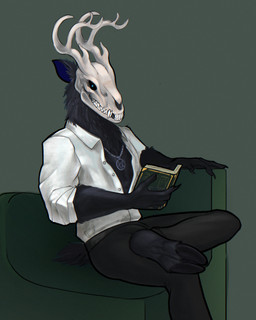 5_fingers anthro antlers armchair barefoot black_body black_fur black_hooves blue_body blue_eyes blue_fur bone book calm chain_necklace chair claws clothing cloven_hooves comfy crossed_legs elegant feet finger_claws fingers fur furniture glowing glowing_eyes holding_book holding_object hooved_plantigrade hooved_toes hooves horn humanoid_hands jewelry looking_at_viewer magic_user male medal necklace necktie pentagram_necklace plantigrade pose reading reading_book relaxing scut_tail shirt short_tail sitting sitting_on_armchair skull skull_head soles solo tail topwear unbuttoned unbuttoned_shirt stefaink american_mythology indigenous_north_american_mythology mythology north_american_mythology khadath_hjortsberg cervine cryptid deer mammal wendigo hi_res pinup